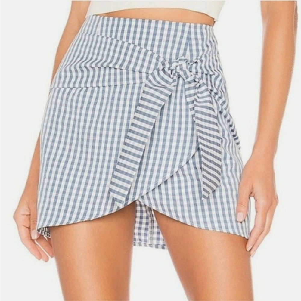 Adorable Superdown Karina Blue Gingham Tie Front Mini Skirt With Tulip Hem Sz XS